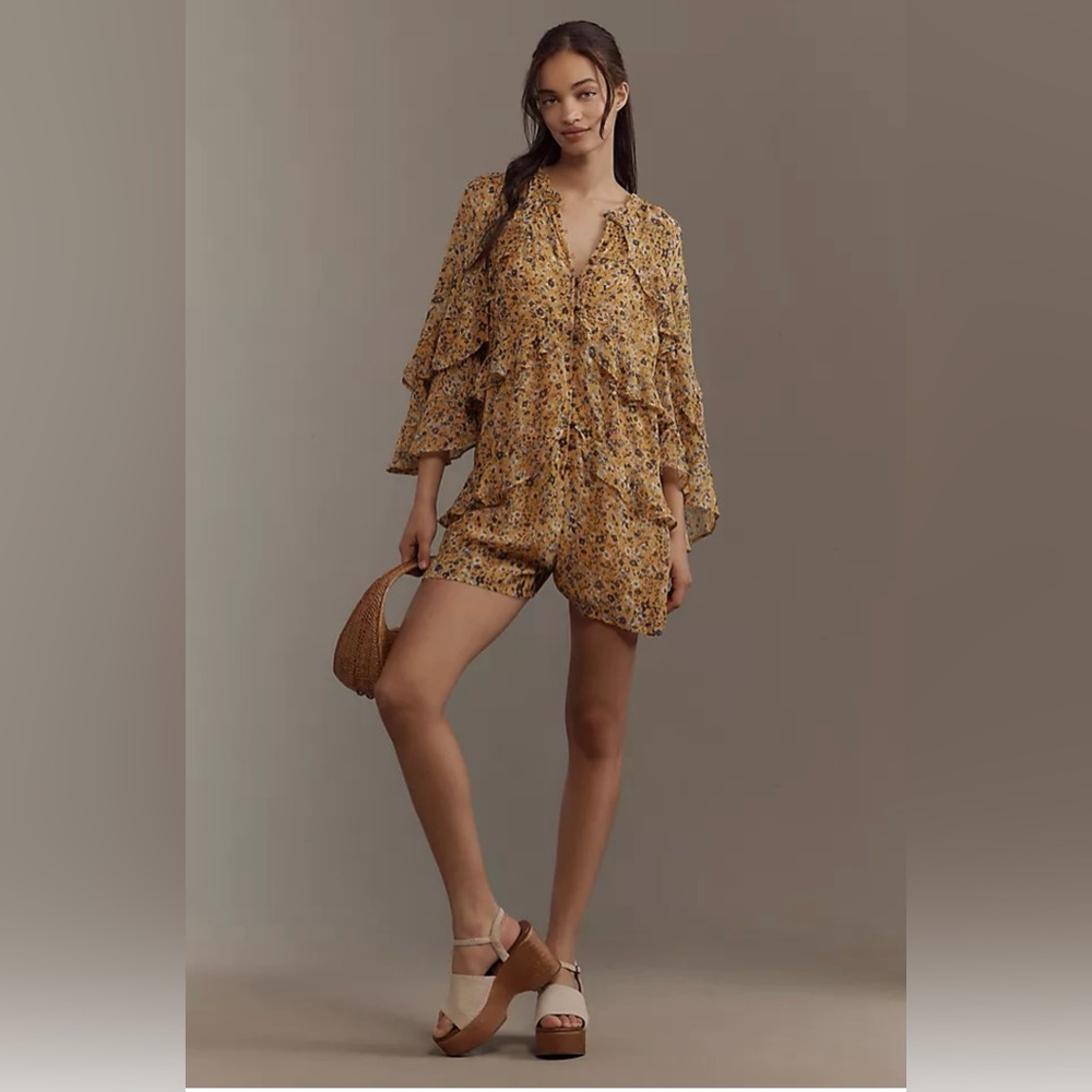 Anthropologie Ruffle Swing Romper, Floral Yellow